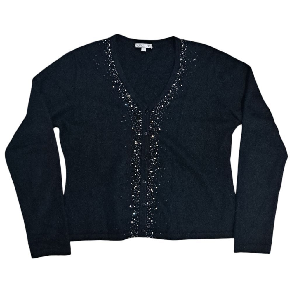 Avalin Angora Rhinestones Embellished Y2K Cardigan Gothic Sweater Large Black